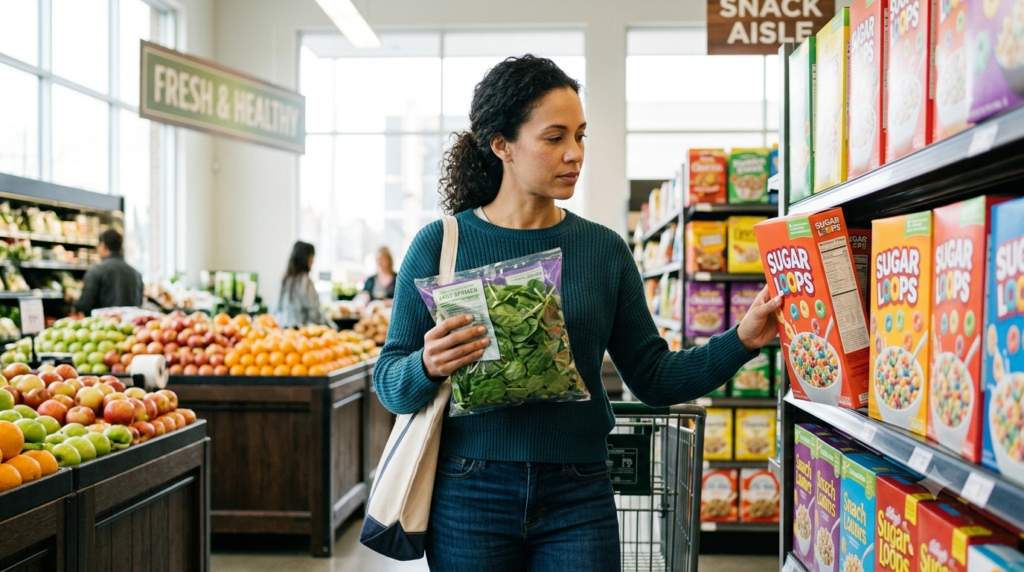 Healthy shopper choosing nutritious foods to avoid common weight loss mistakes