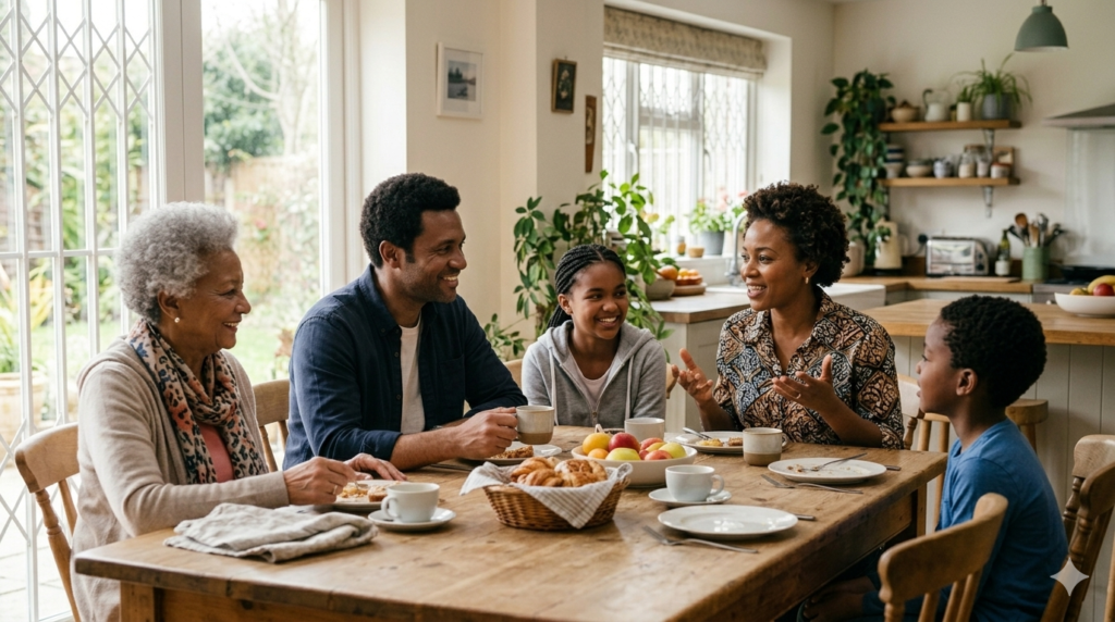 Couple and family members practicing healthy communication in a relationship discussion