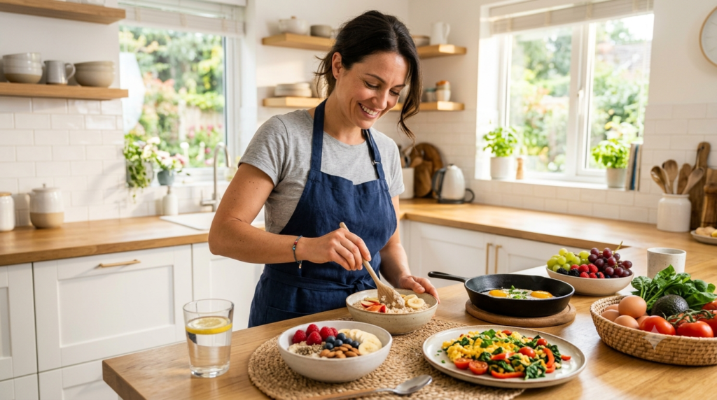 Healthy daily habits for weight loss including nutritious food hydration and regular exercise