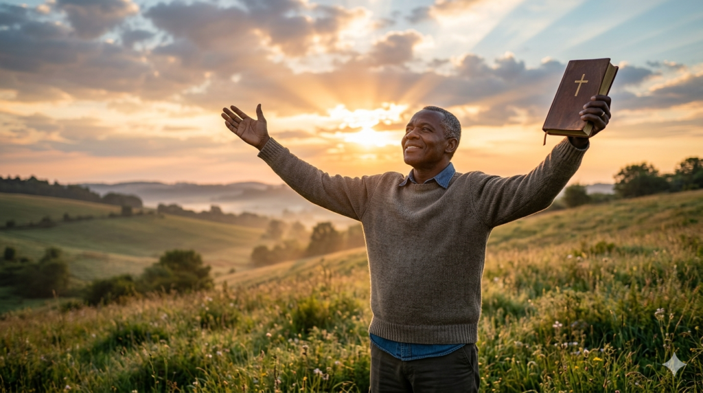 Man worshipping God at sunrise showing how a deep relationship with God provides strength, protection, guidance, and success in life.