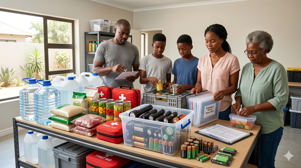 Family preparing emergency supplies including food water and first aid kit