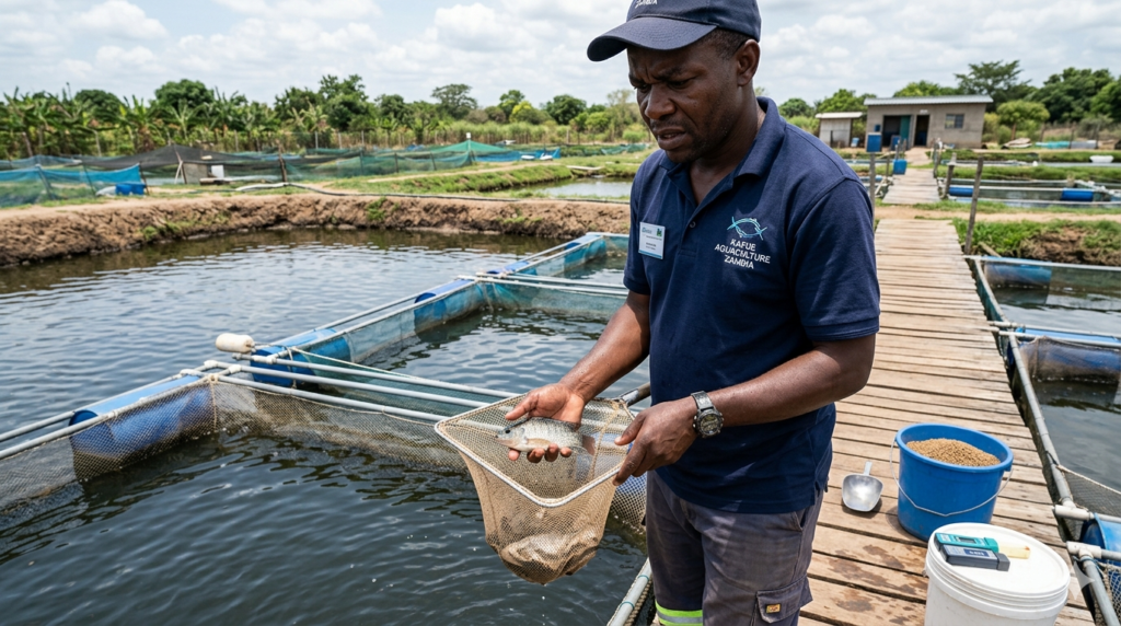 African fish farmer checking a tilapia pond to avoid common fish farming mistakes that reduce profits