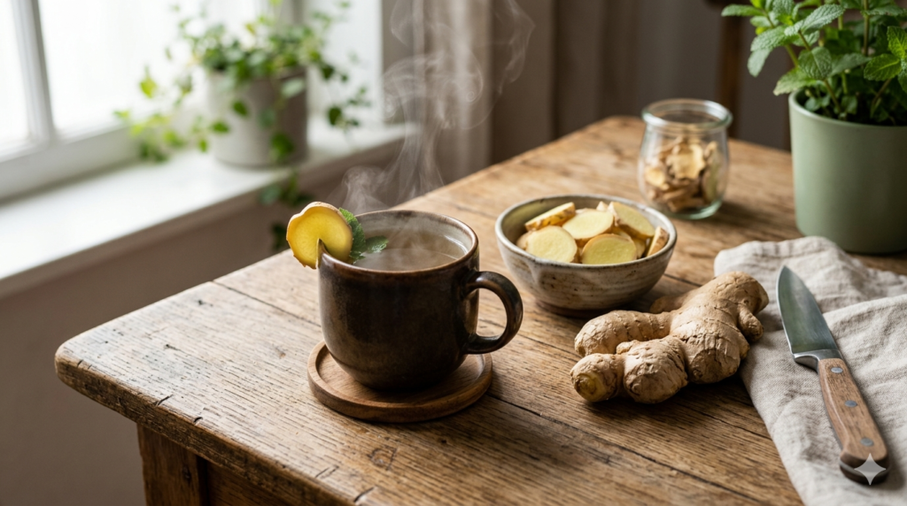 Fresh ginger root and ginger tea used for health support and wellness