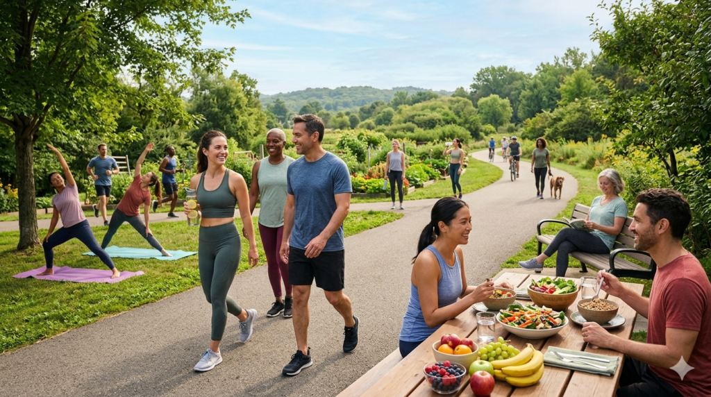 People practicing healthy living habits through exercise nutrition and wellness