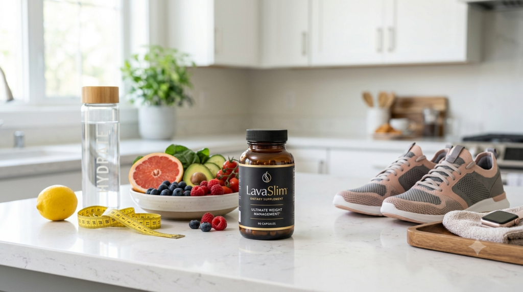 LavaSlim supplement displayed alongside healthy foods and fitness equipment