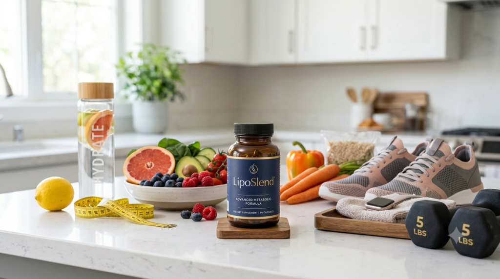 LipoSlend supplement with healthy foods supporting weight management