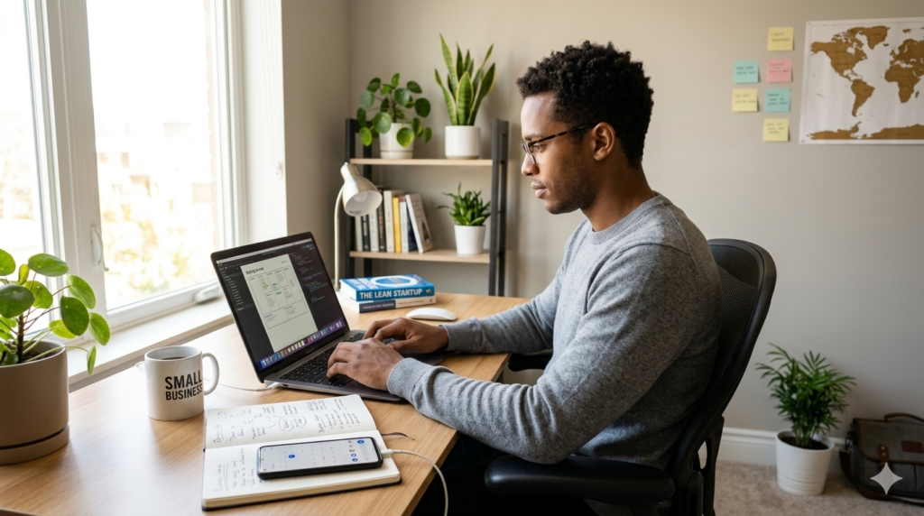 Entrepreneur learning how to start a small business with little money from home