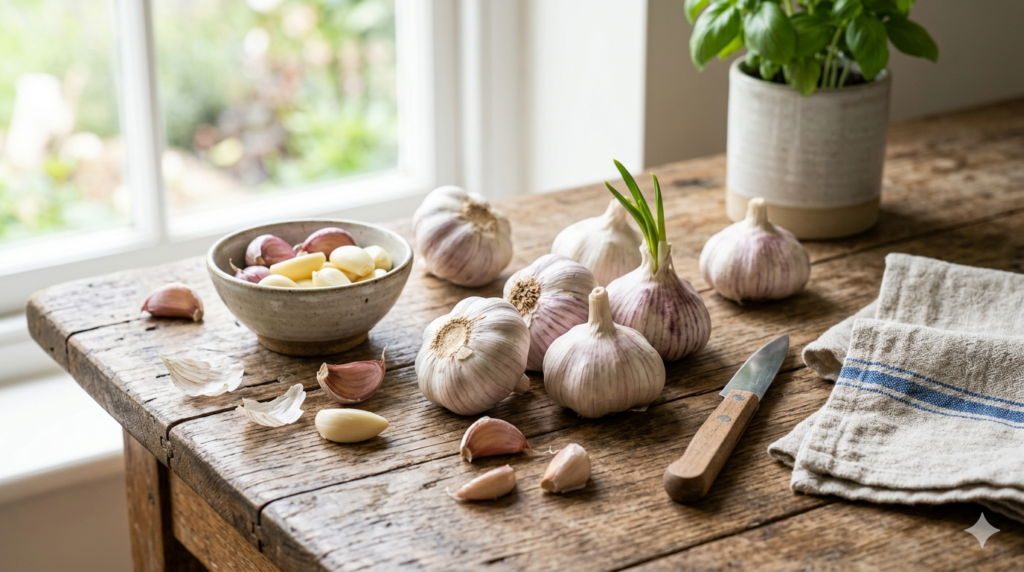 Fresh garlic bulbs and cloves representing traditional health uses of garlic