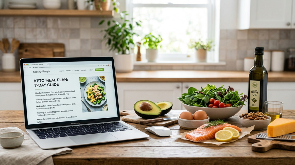 Healthy keto foods displayed with a digital meal plan for weight management,