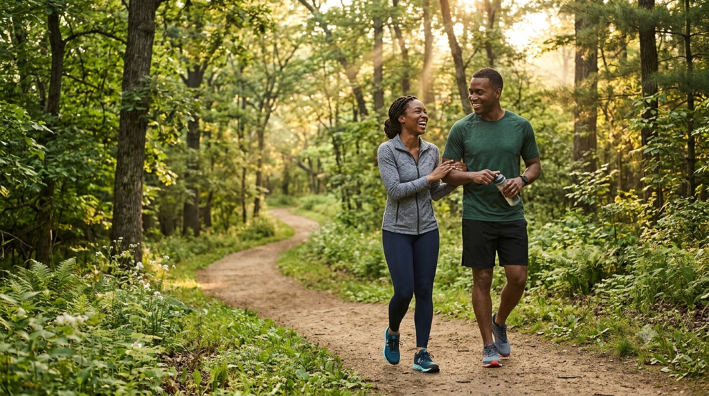 Adults walking outdoors to support healthy weight management and overall wellness
