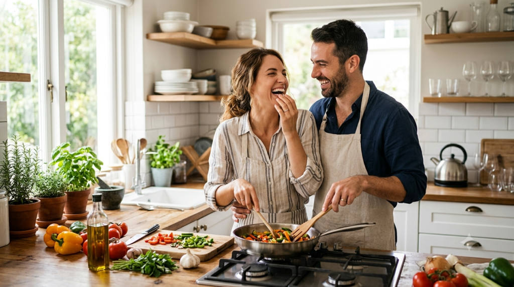 : happy couple maintaining romance in marriage