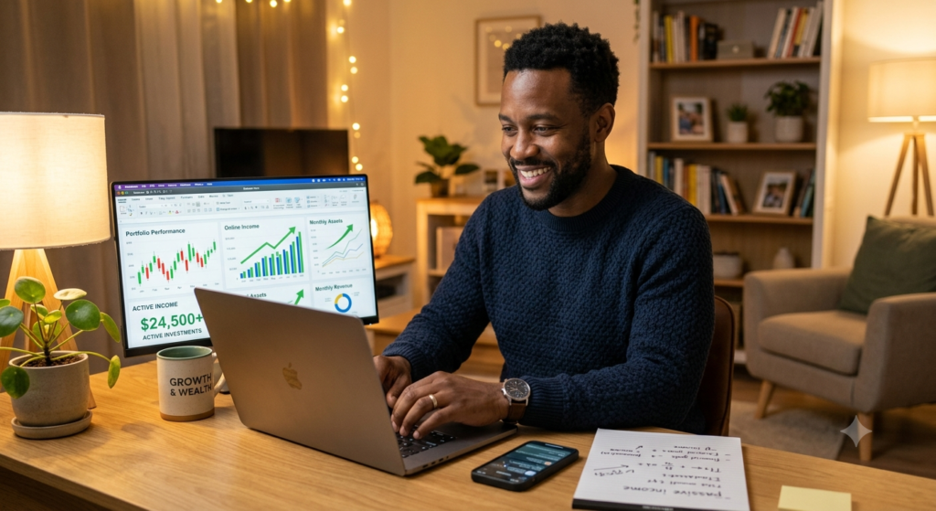 man working online to earn and grow money from home