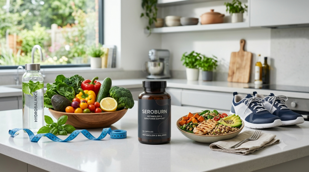 SeroBurn supplement displayed with healthy foods for weight management